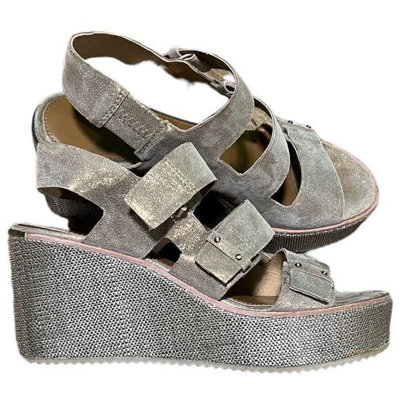 Donald Pliner Size 9 Iris Leather Raffia Platform Wedge Sandal Metallic - Picture 7 of 10